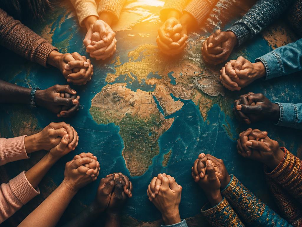 Diverse hands joined in prayer over a world map